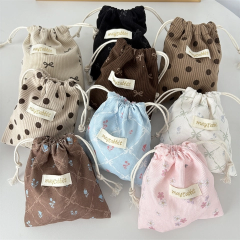 Mini Pochette In Velluto A Coste Coulisse Simpatico Motivo Floreale Pois Trucco Gioielli Borsa Da Viaggio Organizzatore Piccolo