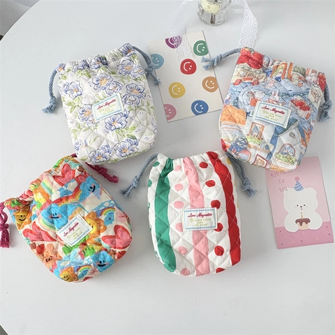 Sac De Rangement À Cordon Matelassé Coton Polyester Doux Protecteur Portable Voyage Maquillage Imprimé Floral Style Dessin Animé