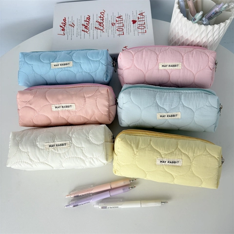 Trousse En Polyester Matelassé Grande Capacité Sac Cosmétique Souple Portable Pochette De Papeterie Pour Étudiantes