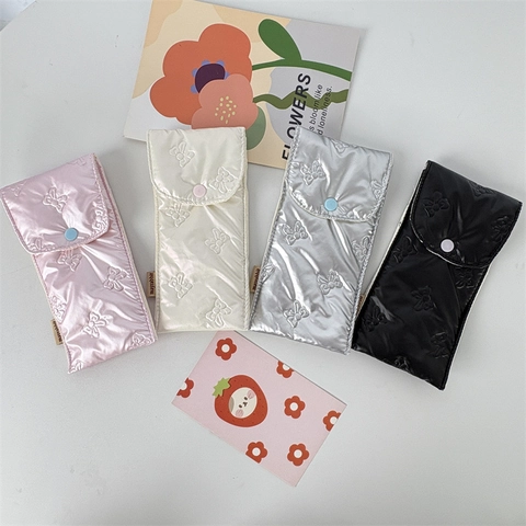 Glossy PU Leather Sunglasses Case Quilted Bow Knot Pencil Bag Portable Eyewear Storage Pouch Snap Button Closure