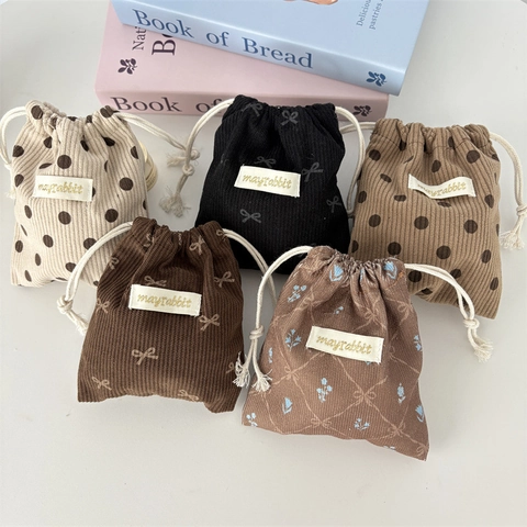 Mini Pochette In Velluto A Coste Coulisse Simpatico Motivo Floreale Pois Trucco Gioielli Borsa Da Viaggio Organizzatore Piccolo