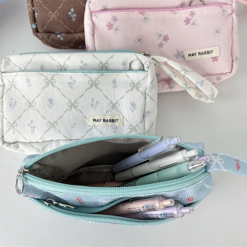Corduroy Pencil Case Large Capacity Floral Lattice Stationery Bag Portable Double Layer Zipper Pouch