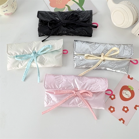 Quilted Bow Pencil Case PU Makeup Pouch Ribbon Tie Stationery Bag Portable For Students Travel Daily Storage