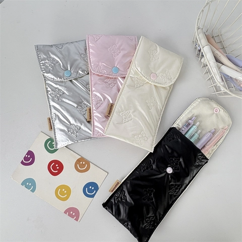 Glossy PU Leather Sunglasses Case Quilted Bow Knot Pencil Bag Portable Eyewear Storage Pouch Snap Button Closure