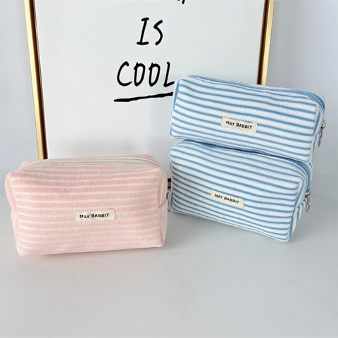Gestreepte Etui Badstof Make-up Tas Cosmetische Tas Draagbare Bureau Organizer Schattige Esthetische Student Grote Capaciteit