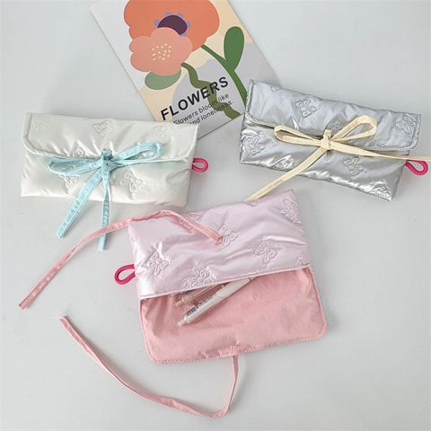 Quilted Bow Pencil Case PU Makeup Pouch Ribbon Tie Stationery Bag Portable For Students Travel Daily Storage