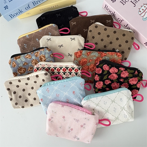 Corduroy Mini Coin Purse Floral Bow Print Zipper Portable Small Makeup Bag Handbag Organizer For Women Girls