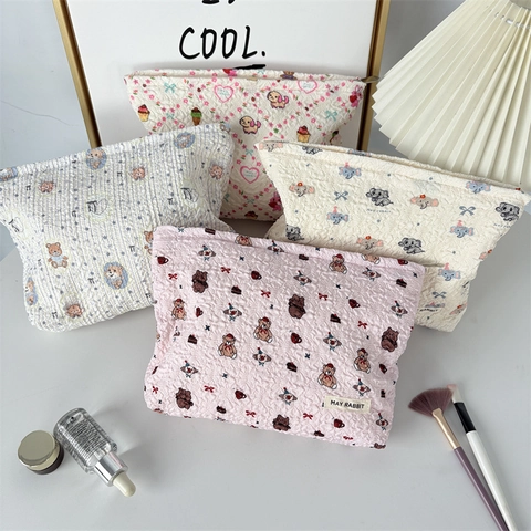 Borsa Da Trucco Trapuntata Stampa Animali Cartoni Animati Pochette Cosmetica Portatile Seersucker Organizzatore Viaggio Donne