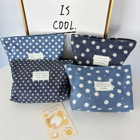 Cosmetic Bag Cotton Canvas Zipper Portable Large Capacity Travel Storage Pouch Vintage Floral Star Patterns For Women