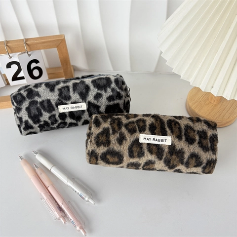 Federmäppchen Plüsch Leopard Print Große Kapazität Schreibwaren Tasche Tragbare Kulturbeutel Organizer Reißverschluss Beutel