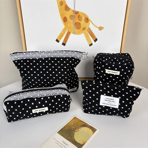 Corduroy Polka Dot Cosmetische Tas Kant Draagbare Make-Up Organizer Reistoilettas Opbergtas Voor Dames Canvas Voering