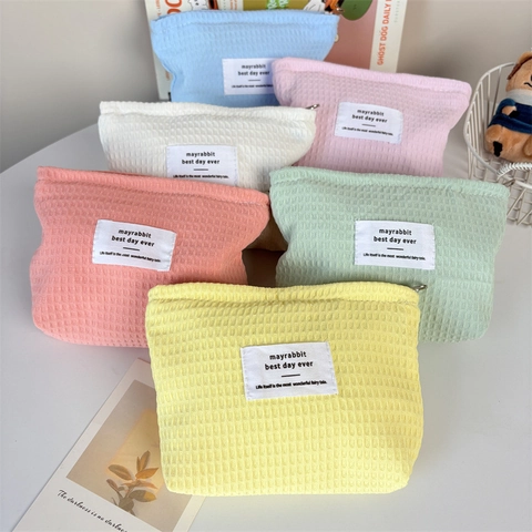 Karierte Waffelstruktur Kosmetiktasche Tragbare Make-up-Tasche Reise-Kulturbeutel-Organizer Frischer Süßer Stil Damen