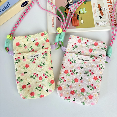 Women Floral Quilted Phone Crossbody Bag With Adjustable Braided Rope Strap Snap Closure Sweet Small Pouch