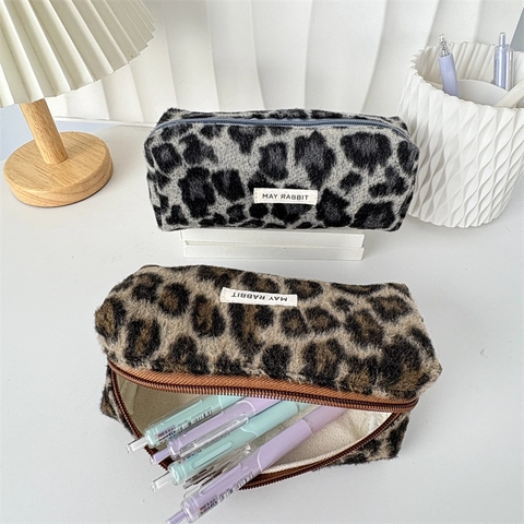 Federmäppchen Plüsch Leopard Print Große Kapazität Schreibwaren Tasche Tragbare Kulturbeutel Organizer Reißverschluss Beutel