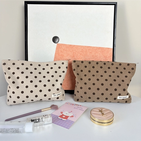 Trousse De Maquillage En Velours Côtelé À Pois Pochette Cosmétique De Voyage Portable Organisateur De Toilette