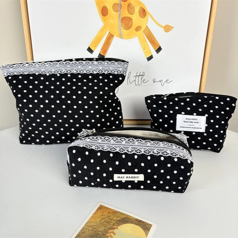 Corduroy Polka Dot Cosmetische Tas Kant Draagbare Make-Up Organizer Reistoilettas Opbergtas Voor Dames Canvas Voering