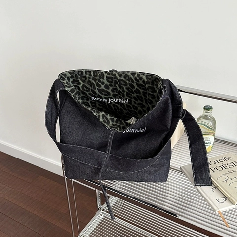 Borsa Tote In Tela Leopardata Patchwork Di Jeans Grande Capacità Borsa A Tracolla Donna Lettera Bonne Journee
