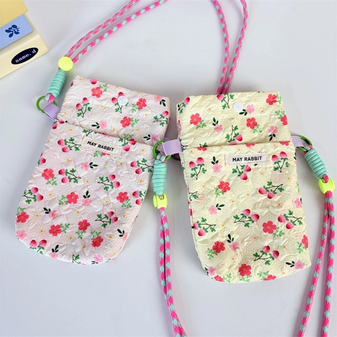 Women Floral Quilted Phone Crossbody Bag With Adjustable Braided Rope Strap Snap Closure Sweet Small Pouch