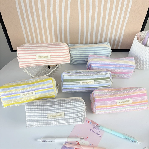 Pencil Case Large Capacity Seersucker Striped Polyester Stationery Storage Bag Portable Korean Ins Style Organizer