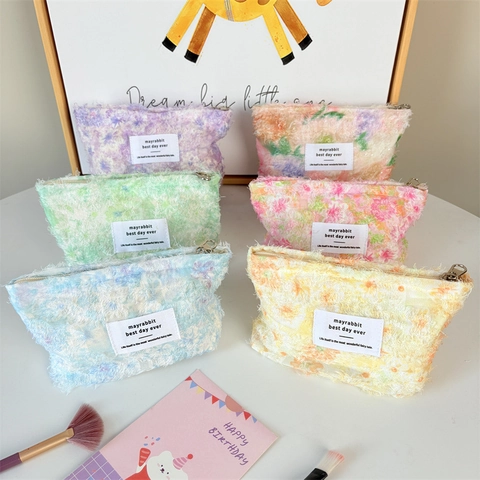 Floral Printed Plush Cosmetic Bag Polyester Makeup Pouch For Lipstick Toiletry Storage Zipper Closure Fresh Fashion Girls