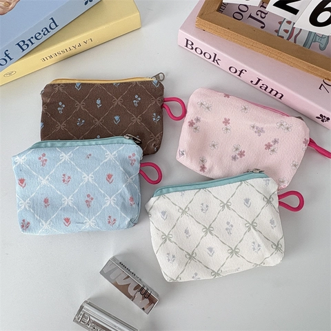Corduroy Mini Coin Purse Floral Bow Print Zipper Portable Small Makeup Bag Handbag Organizer For Women Girls