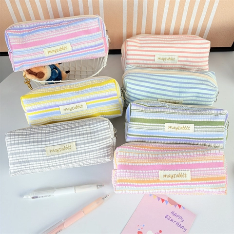 Pencil Case Large Capacity Seersucker Striped Polyester Stationery Storage Bag Portable Korean Ins Style Organizer