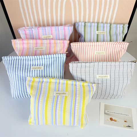 Borsa Per Cosmetici In Seersucker A Righe Grande Capacità Portatile Da Viaggio Organizer Per Lavaggio Astuccio Con Cerniera Per Donne