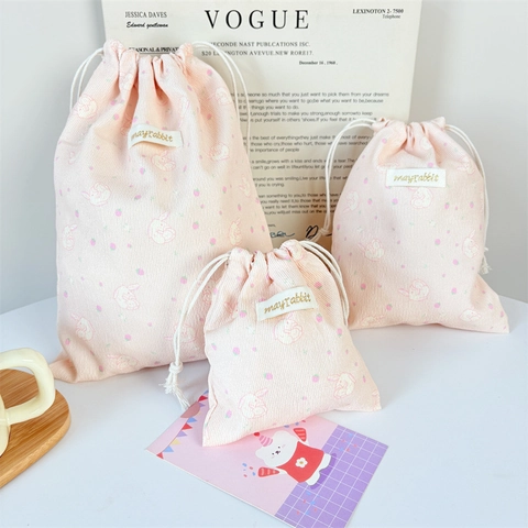 Corduroy Drawstring Storage Bag Cute Rabbit Strawberry Print Portable Travel Makeup Pouch Kawaii Organizer