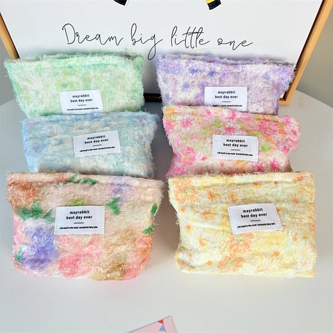 Floral Printed Plush Cosmetic Bag Polyester Makeup Pouch For Lipstick Toiletry Storage Zipper Closure Fresh Fashion Girls