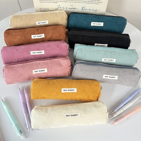 Pencil Case Large Capacity Corduroy Simple Solid Color Zipper Stationery Bag Student Portable Makeup Storage Pouch Vintage