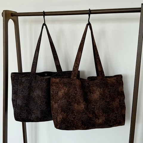 Sac Fourre-tout En Toile Suède Imprimé Léopard Grande Capacité Sac À Épaule Style Paresseux Sac À Main Femme