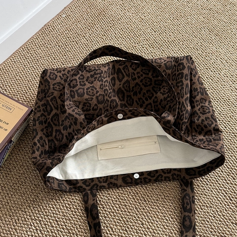 Sac Fourre-tout En Toile Suède Imprimé Léopard Grande Capacité Sac À Épaule Style Paresseux Sac À Main Femme