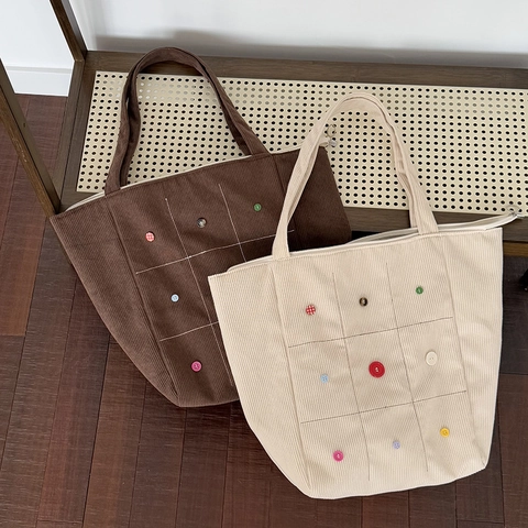 Large Capacity Corduroy Tote Bag For Women With Colorful Buttons Grid Stitching Zipper Closure Casual Retro Handbag