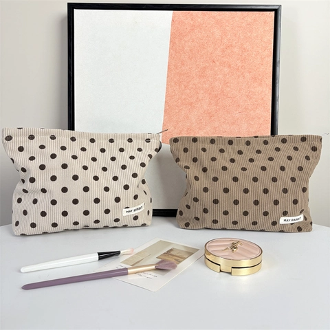 Trousse De Maquillage En Velours Côtelé À Pois Pochette Cosmétique De Voyage Portable Organisateur De Toilette