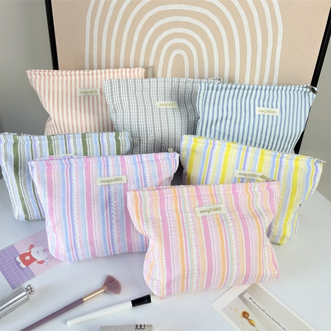 Borsa Per Cosmetici In Seersucker A Righe Grande Capacità Portatile Da Viaggio Organizer Per Lavaggio Astuccio Con Cerniera Per Donne