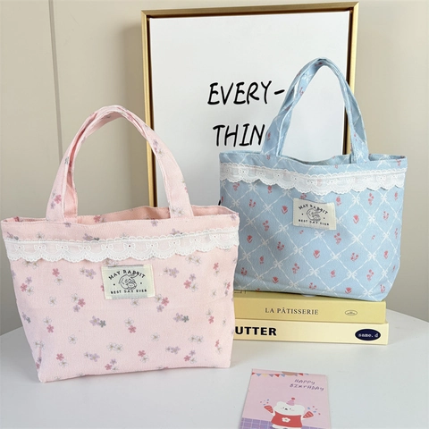 Borsa A Mano In Velluto A Coste Floreale Quadri Pizzo Dolce Stile Giapponese Tote Donna Versatile Quotidiana