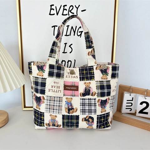 Süße Cartoon Bär Print Leinwand Tragetasche Plaid Patchwork Kleine Handtasche Tragbare Lunchtasche Für Frauen Alltag
