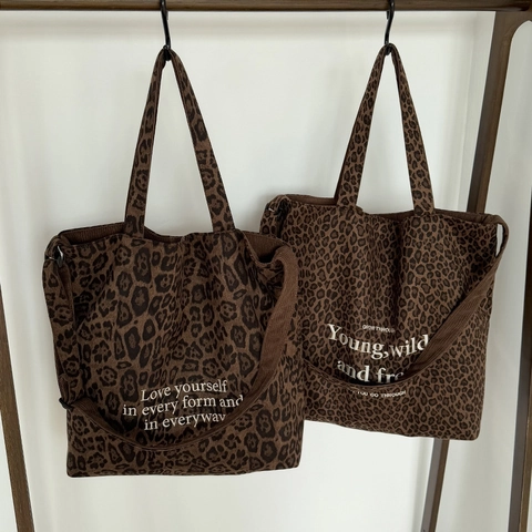 Leopardenmuster Wildleder Cord Shopper Tasche Große Kapazität Buchstaben Druck Lässige Schulterhandtasche Verstellbarer Gurt