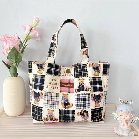 Süße Cartoon Bär Print Leinwand Tragetasche Plaid Patchwork Kleine Handtasche Tragbare Lunchtasche Für Frauen Alltag