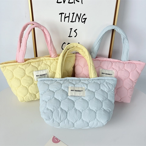Borsa A Mano In Poliestere Trapuntato Colori Pastello Leggera Grande Capacità Borsa Da Pranzo Tote Macaron Donna