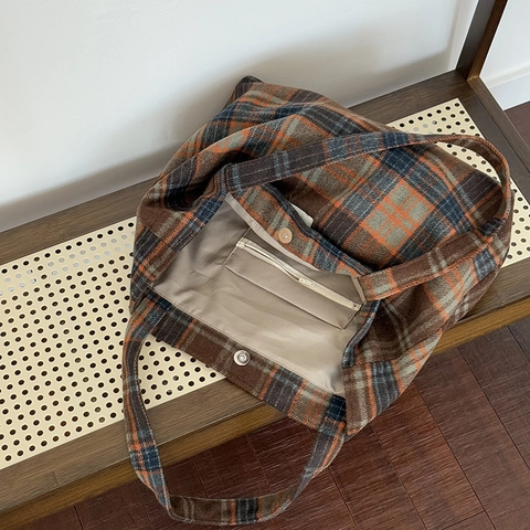 Borsa Tote In Lana A Quadri Retrò Grande Capacità Borsa A Tracolla Donna Stile Artigianale Versatile Per Pendolari