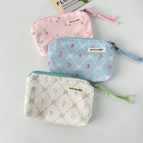 Cord Corduroy Blumen Kleingeldbörse Mini Kosmetiktasche Mit Reißverschluss Und Handschlaufe Süße Aufbewahrungstasche Für Damen Mädchen