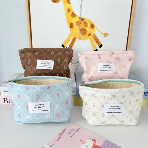 Mini Borsa Per Rossetto In Velluto A Coste Carino Fiocco Floreale Pochette Per Cosmetici Portatile Piccola Custodia