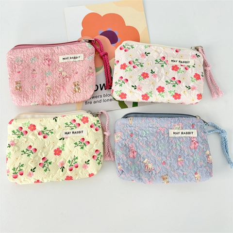 Florale Gesteppte Münzbörse Mini Make-up Tasche Für Lippenstift Tragbare Leinwand Reißverschluss Beutel Süße Bär Kaninchen Muster Damen