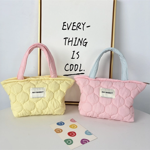 Borsa A Mano In Poliestere Trapuntato Colori Pastello Leggera Grande Capacità Borsa Da Pranzo Tote Macaron Donna