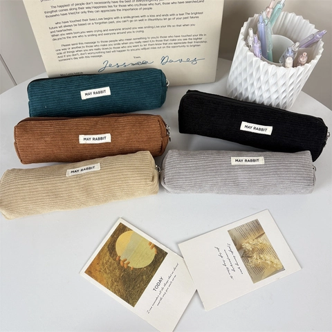 Pencil Case Large Capacity Corduroy Simple Solid Color Zipper Stationery Bag Student Portable Makeup Storage Pouch Vintage