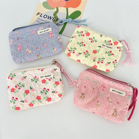Florale Gesteppte Münzbörse Mini Make-up Tasche Für Lippenstift Tragbare Leinwand Reißverschluss Beutel Süße Bär Kaninchen Muster Damen