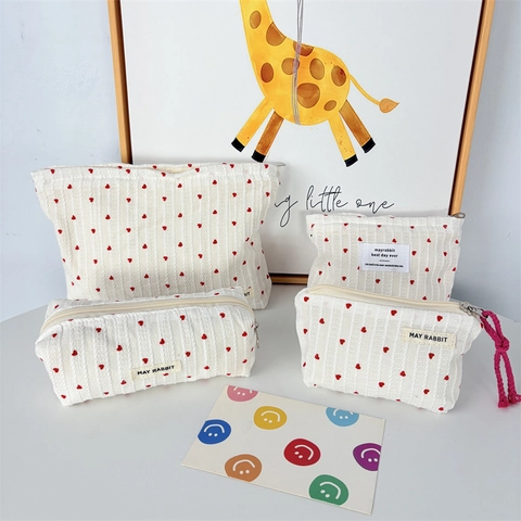 Heart Pattern Makeup Bag Cotton Canvas Portable Large Capacity Travel Storage Organizer Pouch Sweet Style For Women Girls
