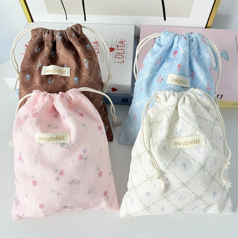 Corduroy Drawstring Storage Bags Floral Checkered Bow Travel Cosmetic Organizer Pouch Korean Style Portable Sorting