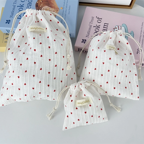 Drawstring Storage Bag Cotton Stripe Red Heart Pattern Portable Pouch For Travel Makeup Stationery Organizer